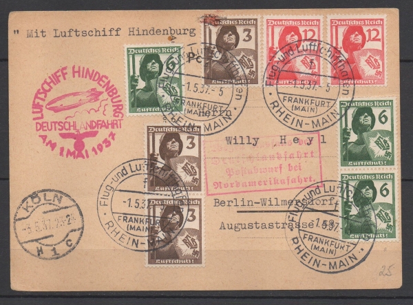 Briefstück befördert mit Luftschiff "Hindenburg" LZ 129.